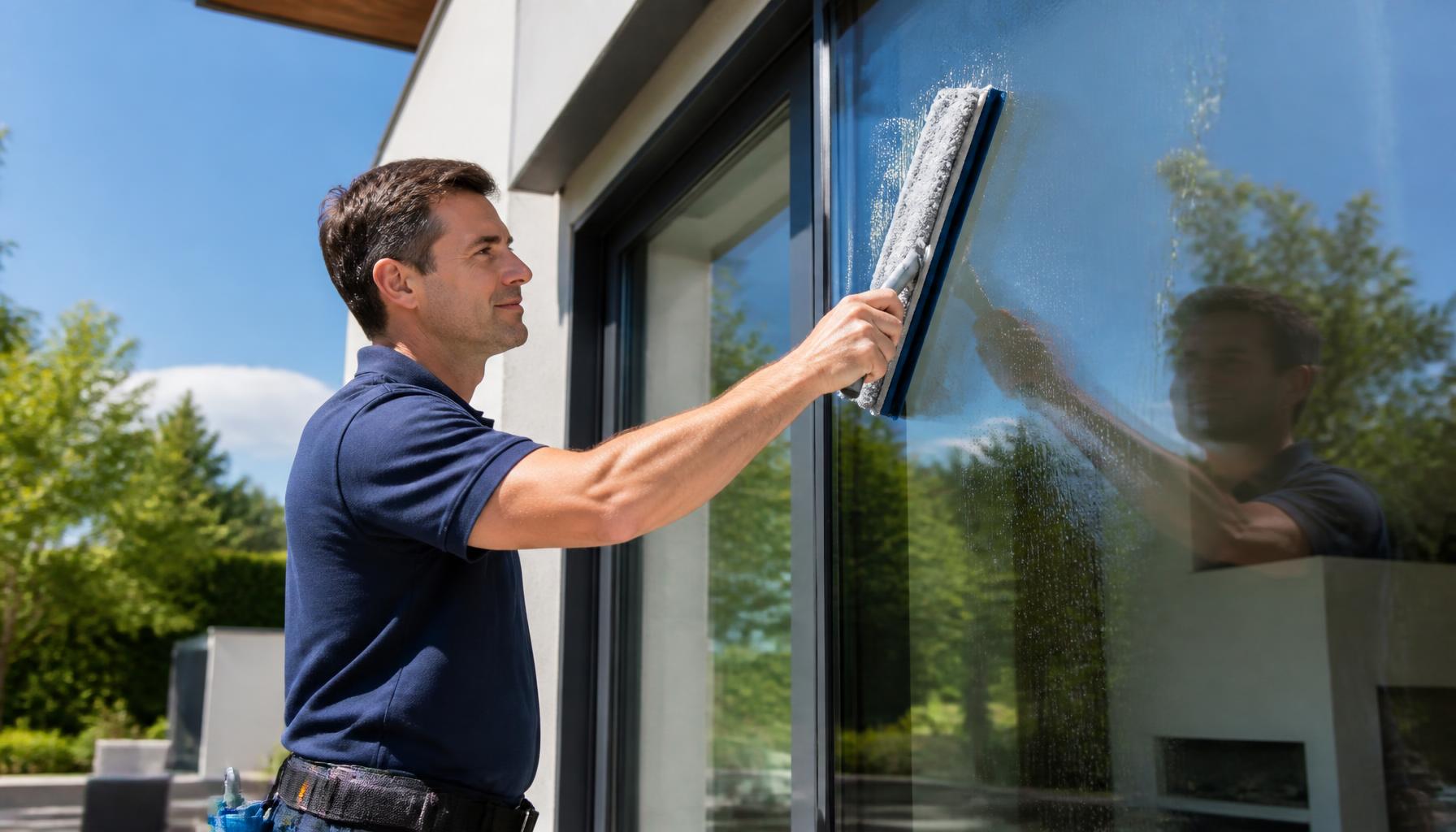 Professional window cleaner washing a modern glass window